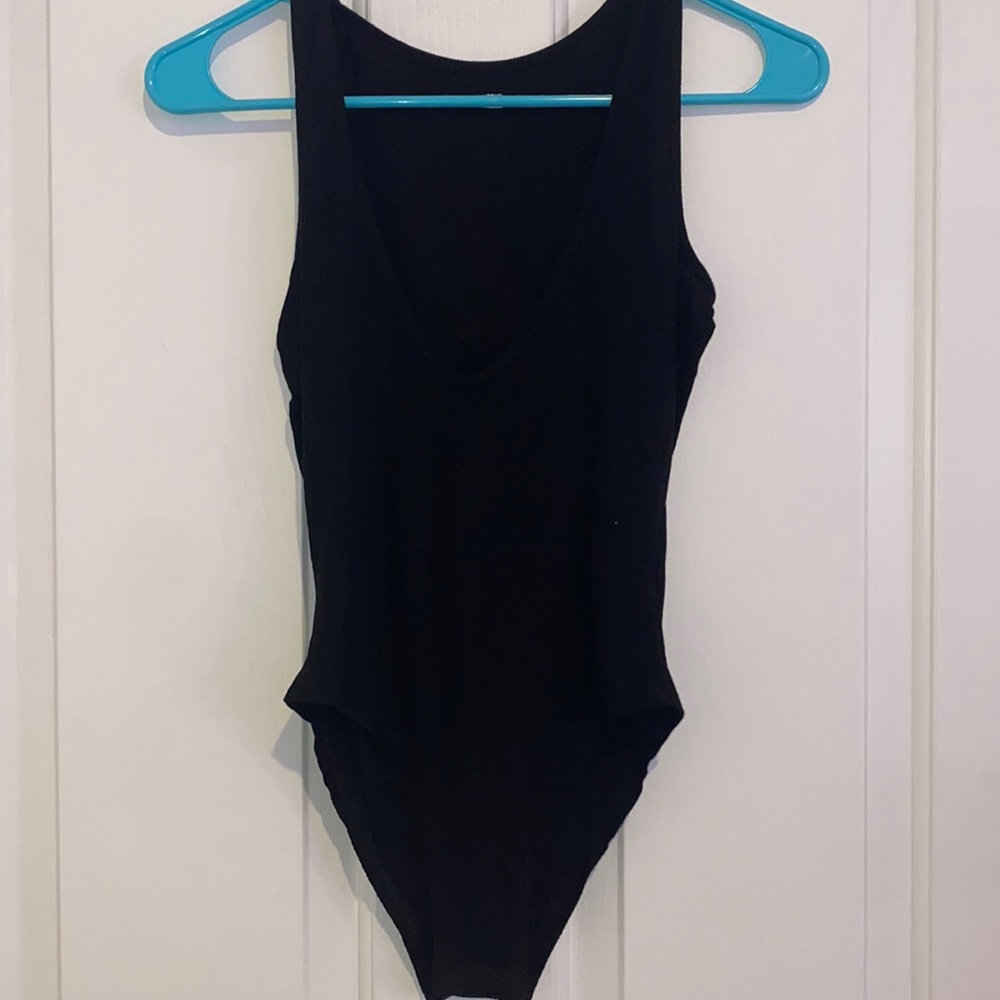 Plunging neck rib-knit tank bodysuit